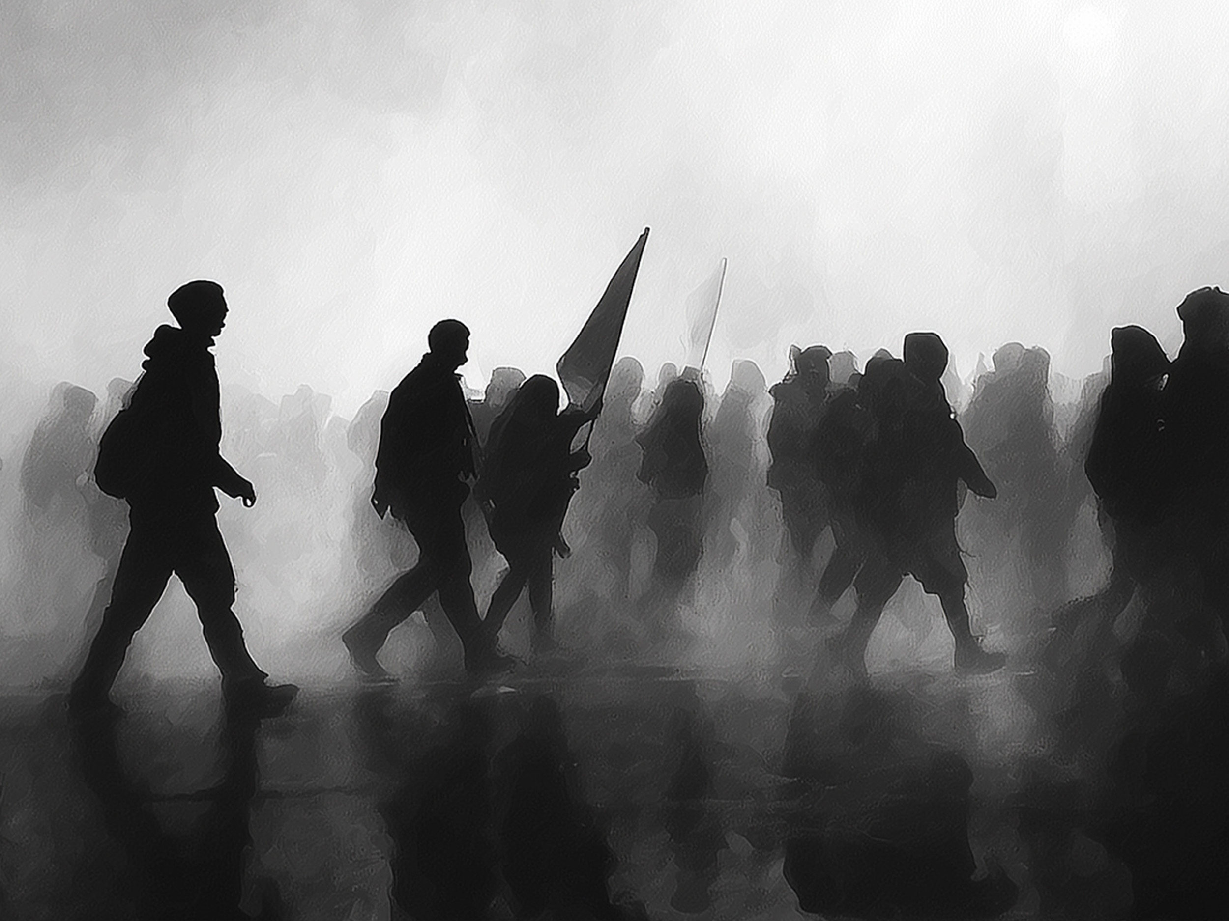 Črno-bela ilustracija množice z zastavo