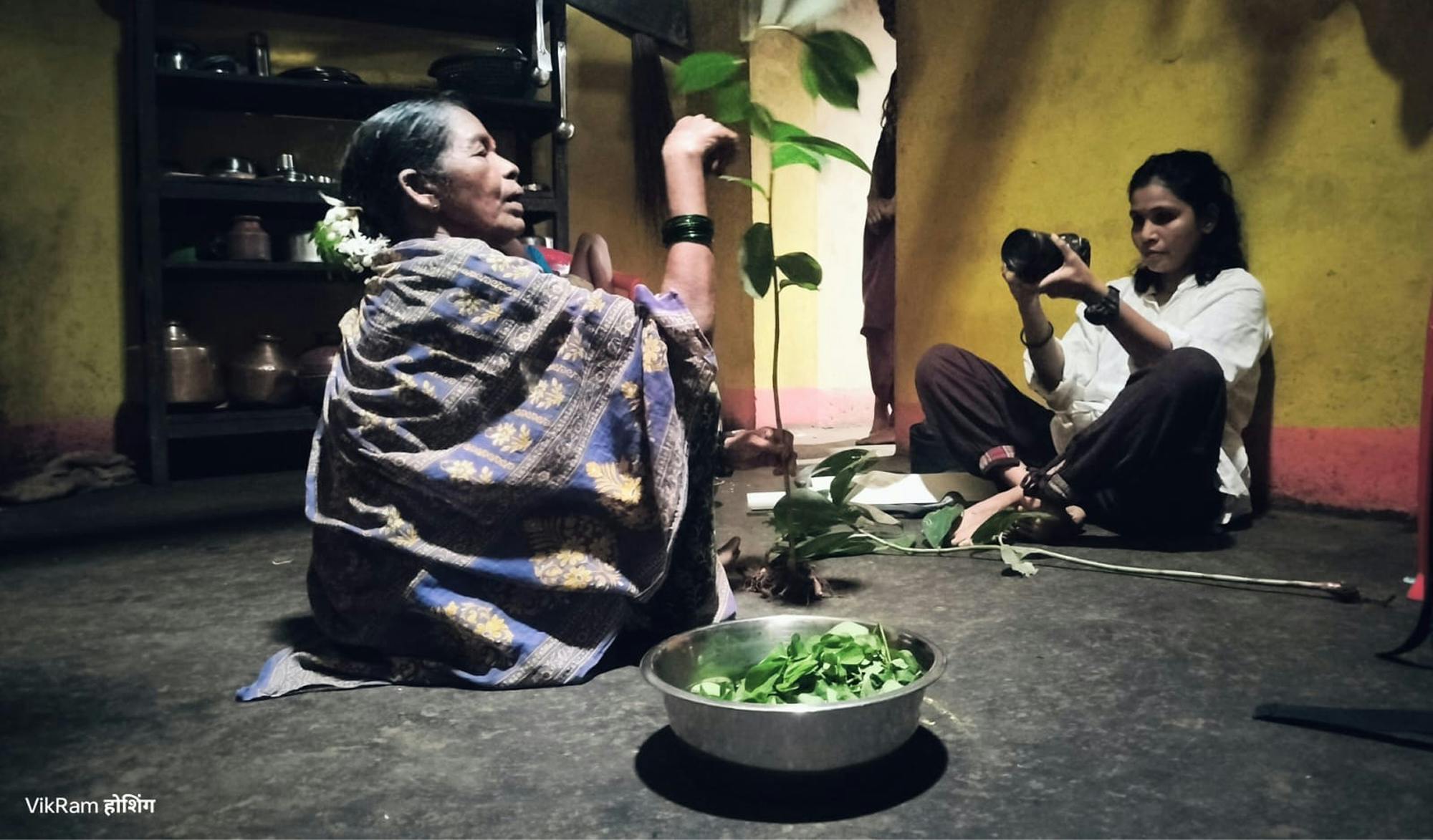 Mlajša ženska s fotoaparatom, ki fotografira starejšo žensko z zelenimi rastlinami v rokah