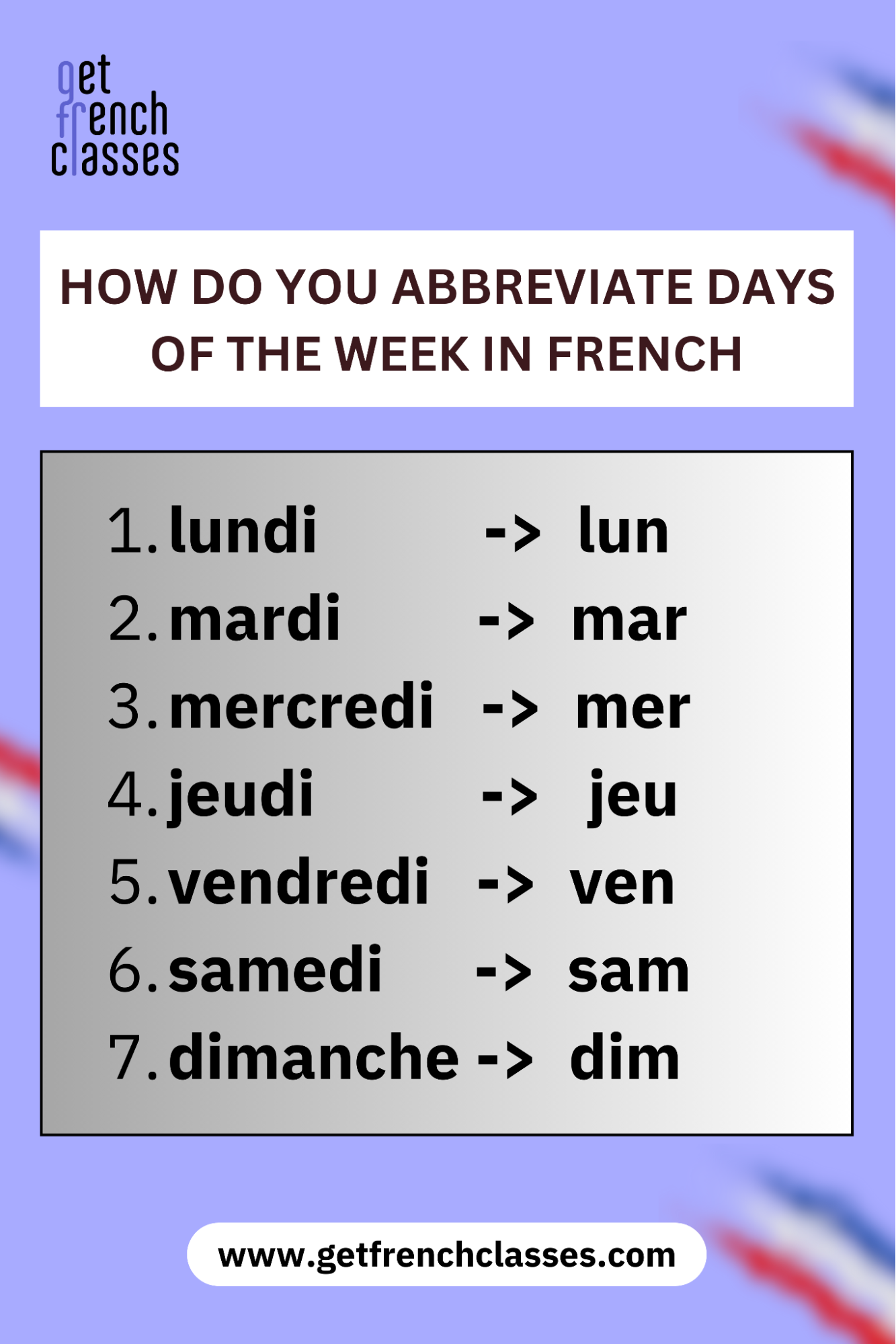 Lundi which is the day week starts from in french has as abbreviation "Lun".