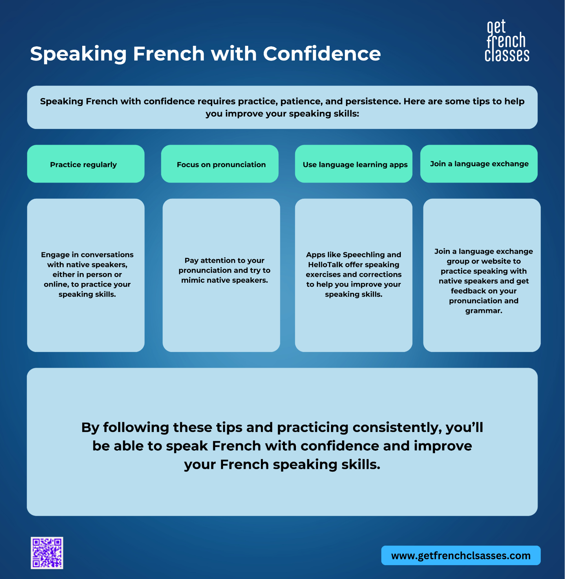 Focusing on correct pronunciation of at least a few words will boost your french speaking skills.