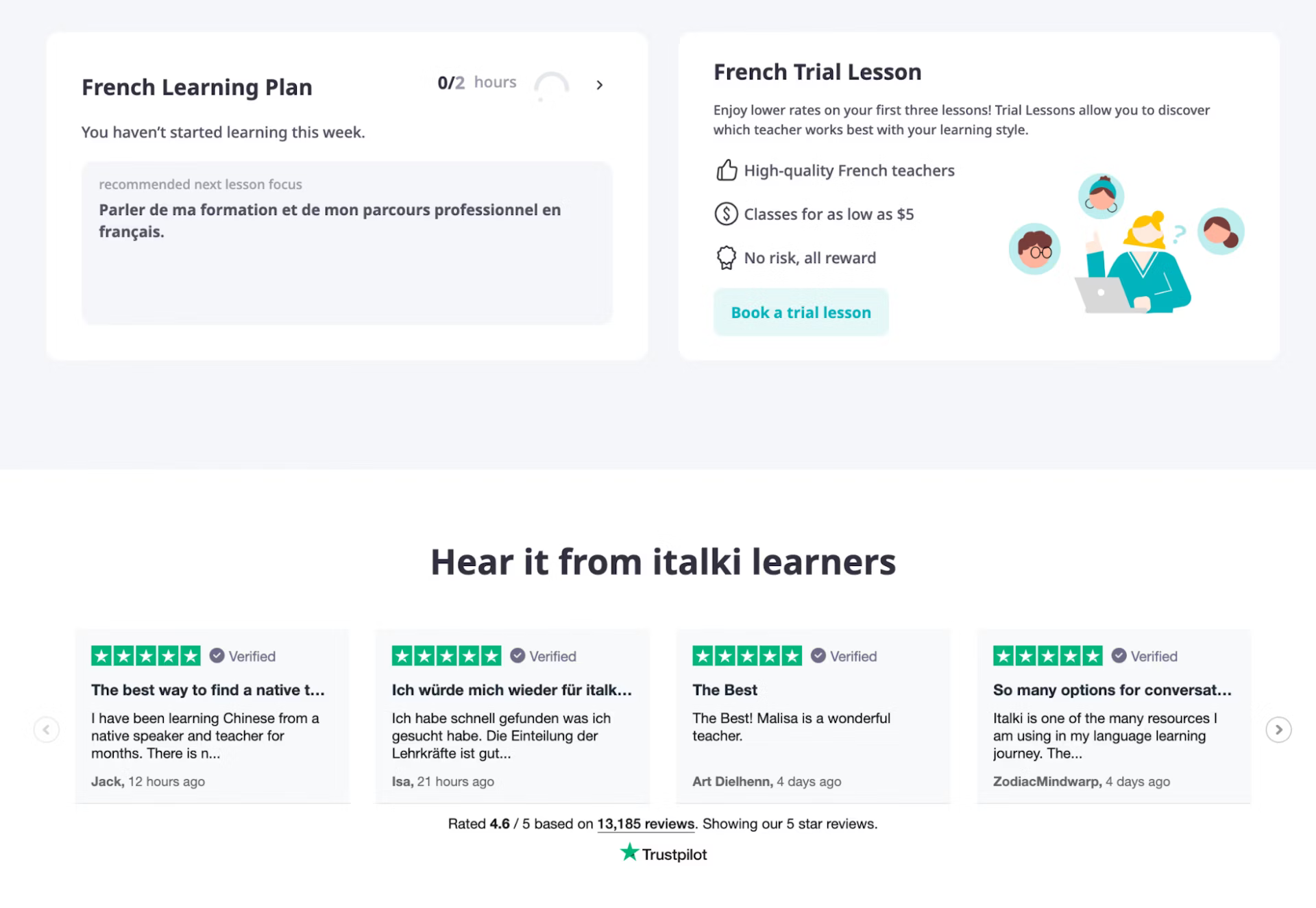 By taking group classes and trial lessons, you can start writing notebook entries to track your progress while purchasing lessons through the italki community, all while taking online classes.