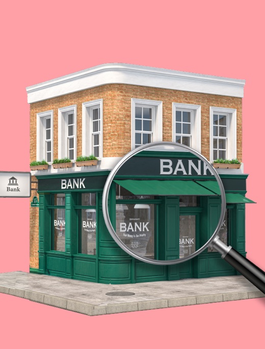 Bank building with magnifying glass | What is a merchant acquirer?