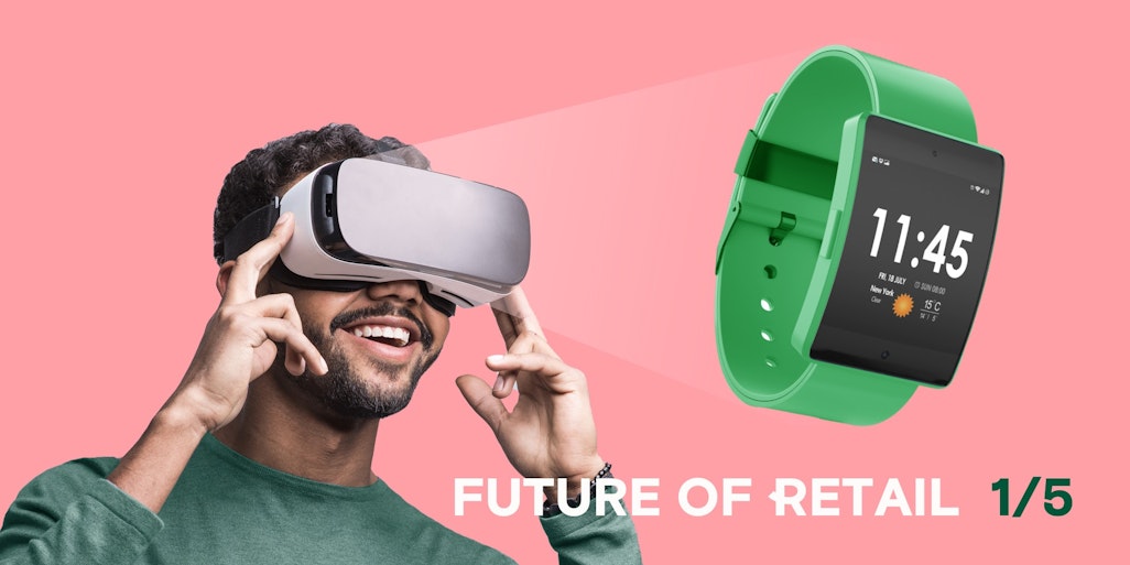 Future of retail; man with VR set looking smartwatch