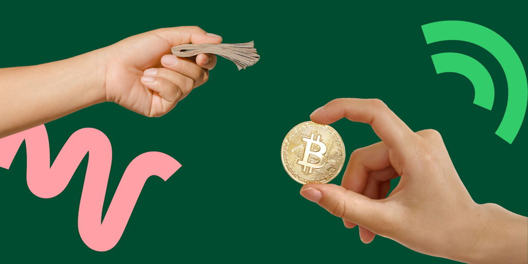 Hand with cash and hand with bitcoin Free course: History of Payments