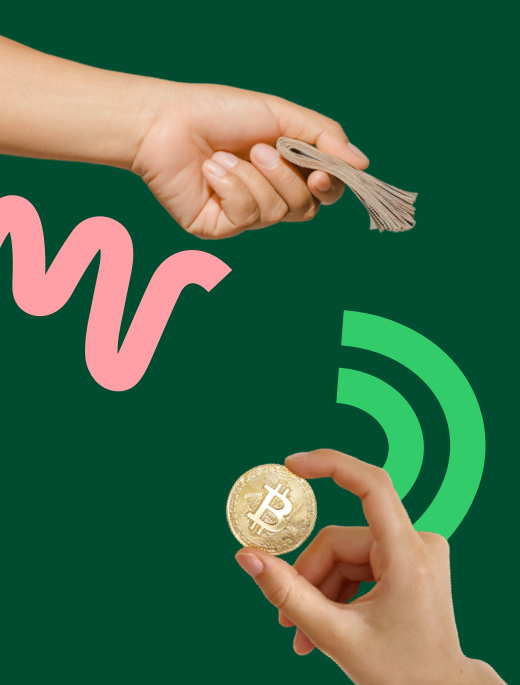 Hand with cash and hand with bitcoin Free course: History of Payments