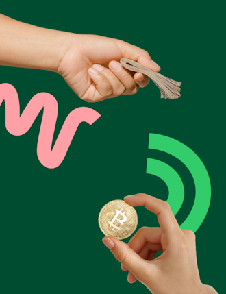 Hand with cash and hand with bitcoin Free course: History of Payments