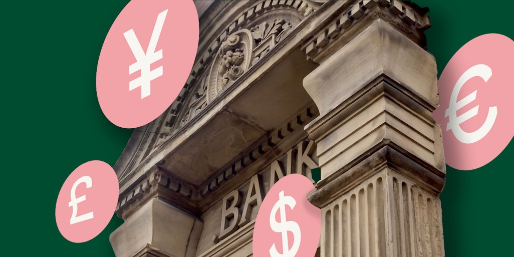 Bank building surrounded by digiral currencies