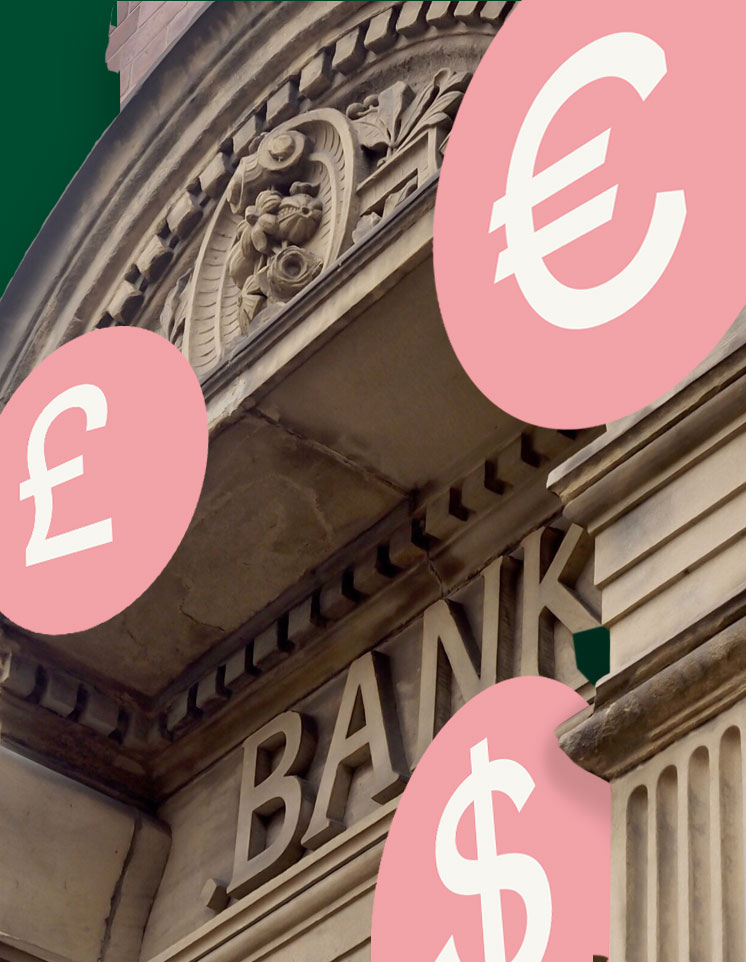 Bank building surrounded by digiral currencies