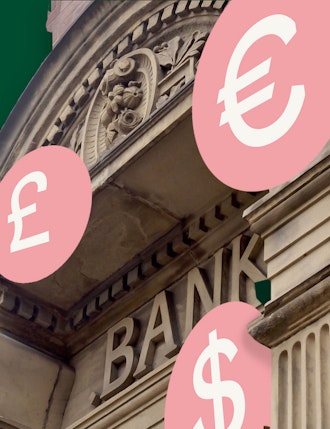 Bank building surrounded by digiral currencies