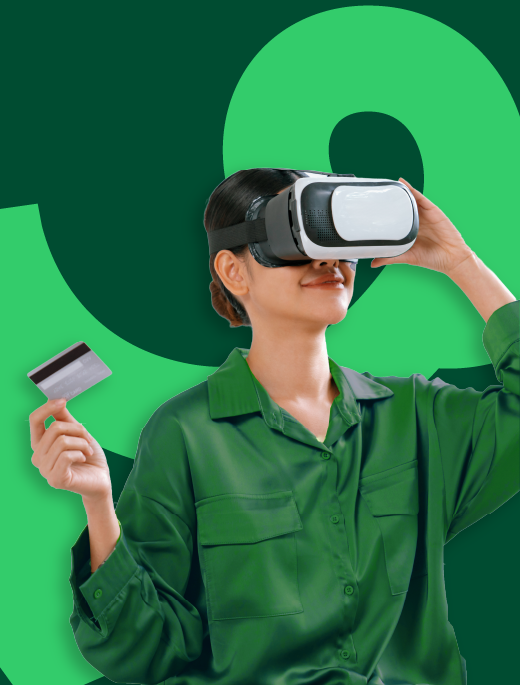 augmented reality, woman holding credit card, vr glasses