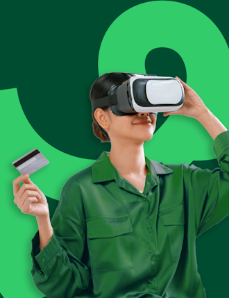 augmented reality, woman holding credit card, vr glasses