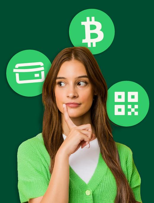 electronic payments, women thinking, bitcoin, card, qr code