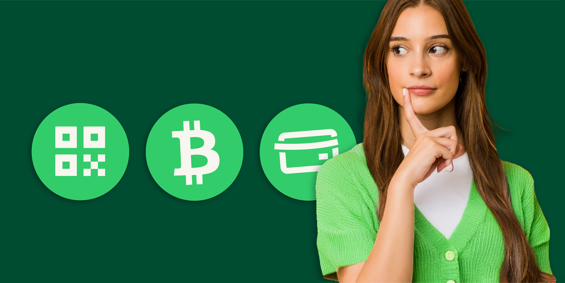 electronic payments, women thinking, bitcoin, card, qr code