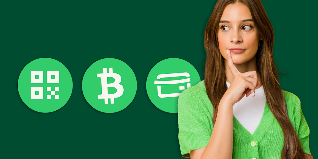 electronic payments, women thinking, bitcoin, card, qr code