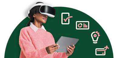 woman holding tablet wearing vr headset surrounded by icons