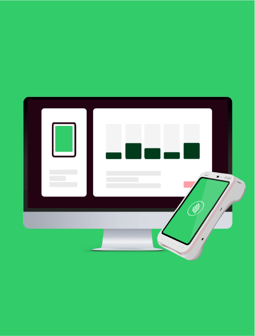 terminal management system and a payment device, on a screen you can see graphs showing the management system