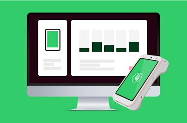 terminal management system and a payment device, on a screen you can see graphs showing the management system