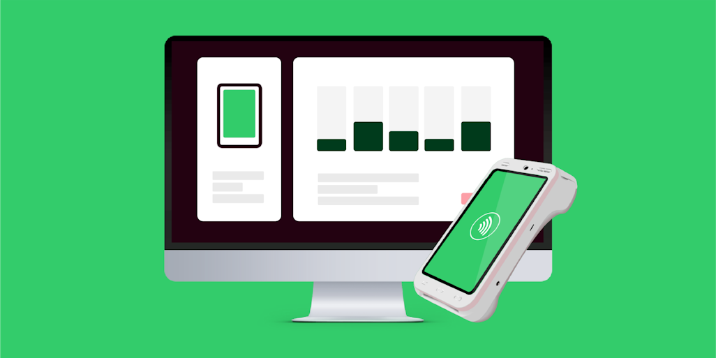 terminal management system and a payment device, on a screen you can see graphs showing the management system