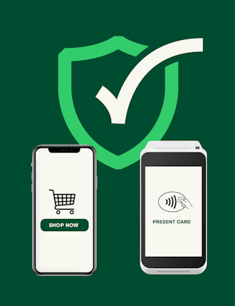 paying by phone on a terminal saying present card, nfc icon showing, between the device there is a secure icon