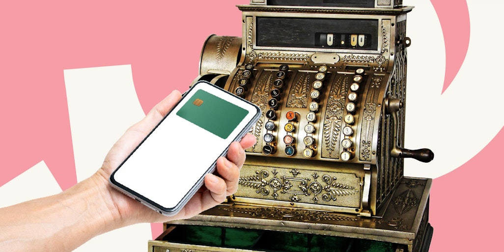 old payment register, phone, digital wallet, card