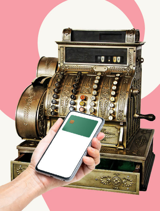 old payment register, phone, digital wallet, card