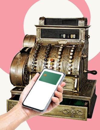 old payment register, phone, digital wallet, card