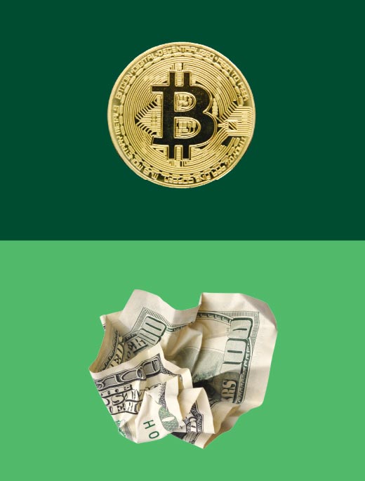 crumbled banknote, bitcoin, digital currency