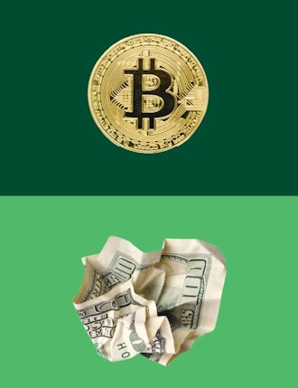 crumbled banknote, bitcoin, digital currency