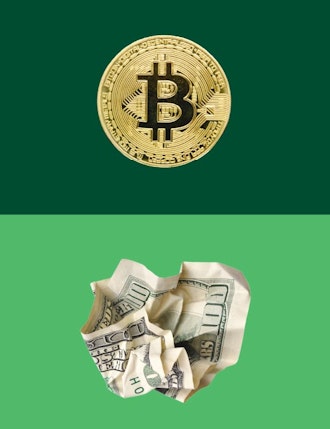 crumbled banknote, bitcoin, digital currency