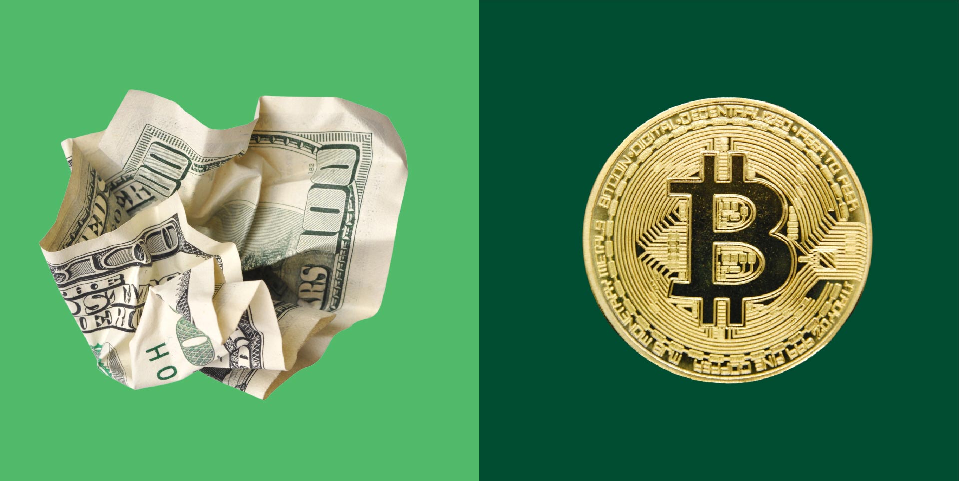 crumbled banknote, bitcoin, digital currency