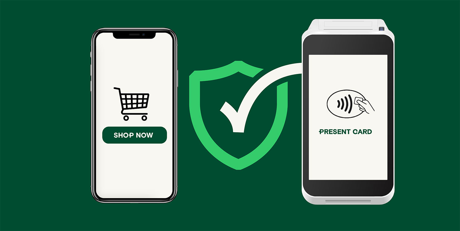 paying by phone on a terminal saying present card, nfc icon showing, between the device there is a secure icon