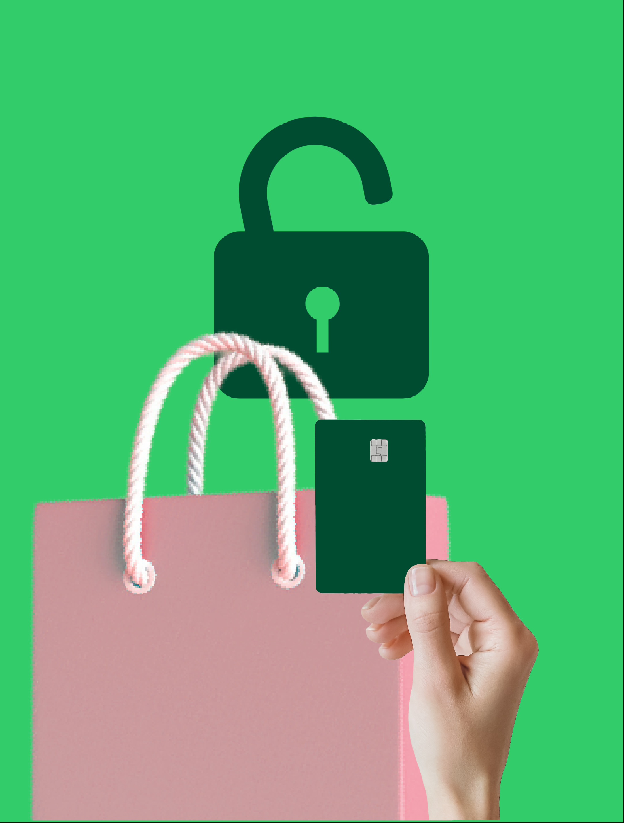 open lock next to a shopping bag and card