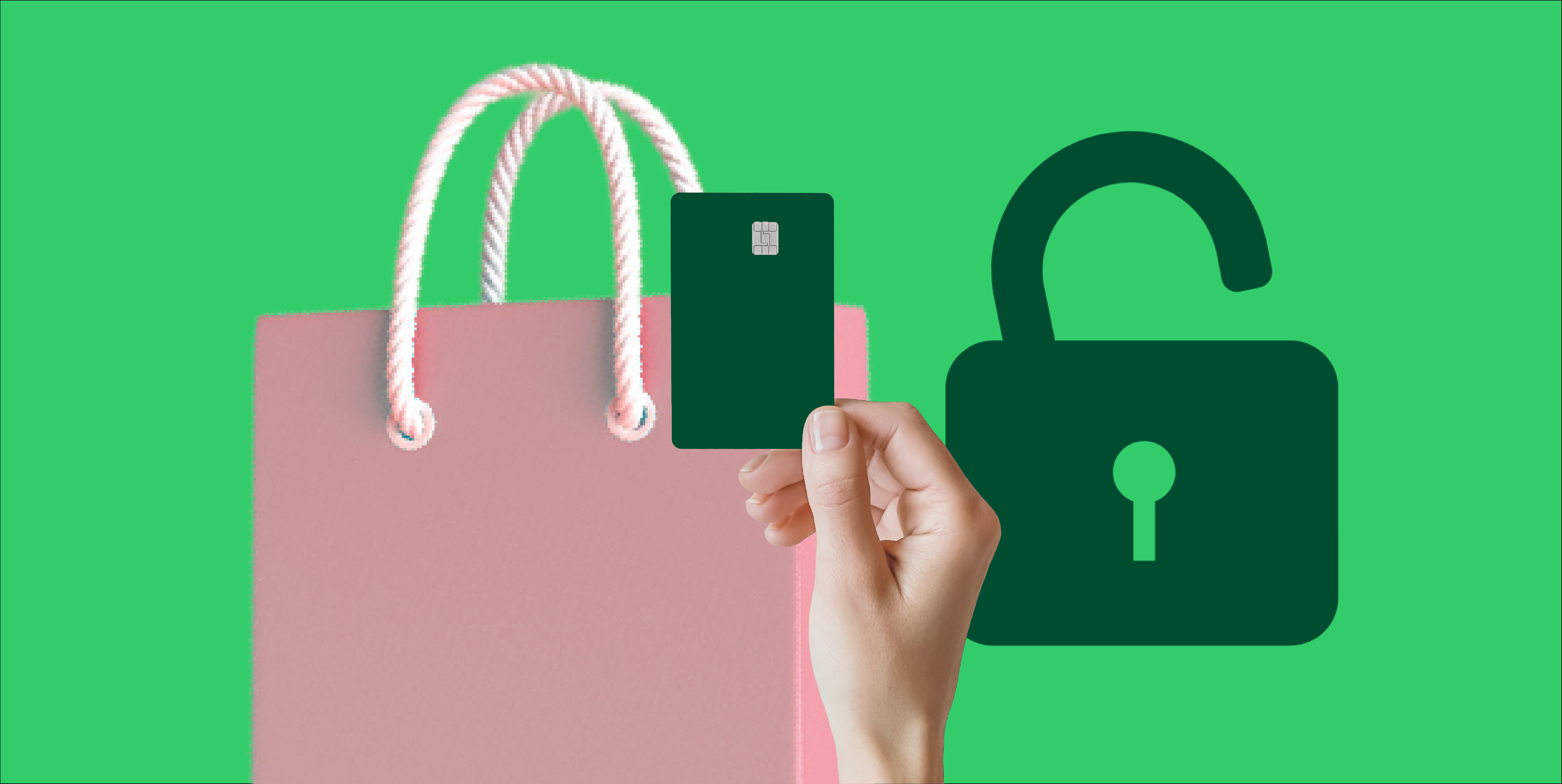 open lock next to a shopping bag and card