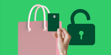 open lock next to a shopping bag and card