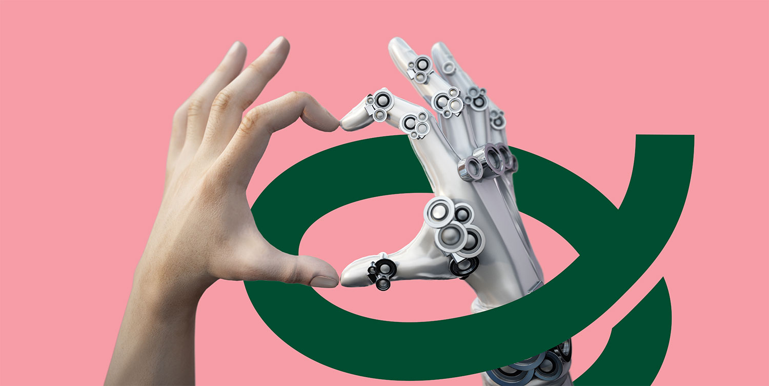 human hand, robot hand, heart, AI