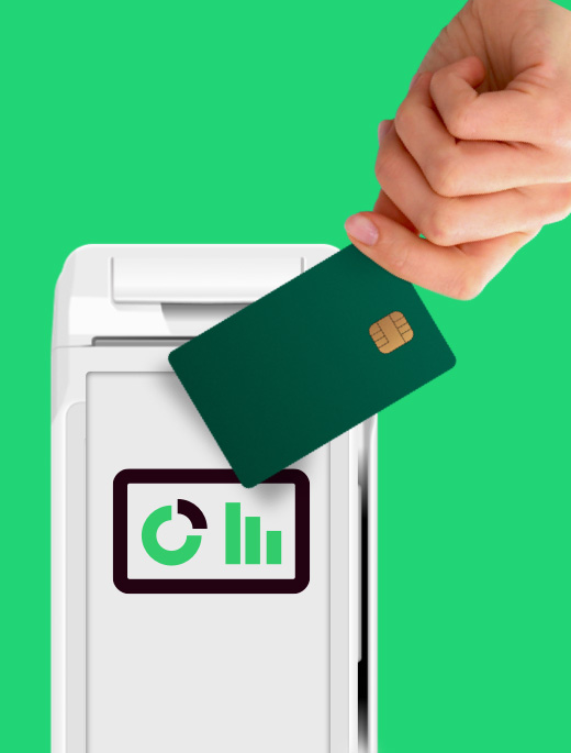 Tapping credit card on POS device with data graph | Levering merchant data