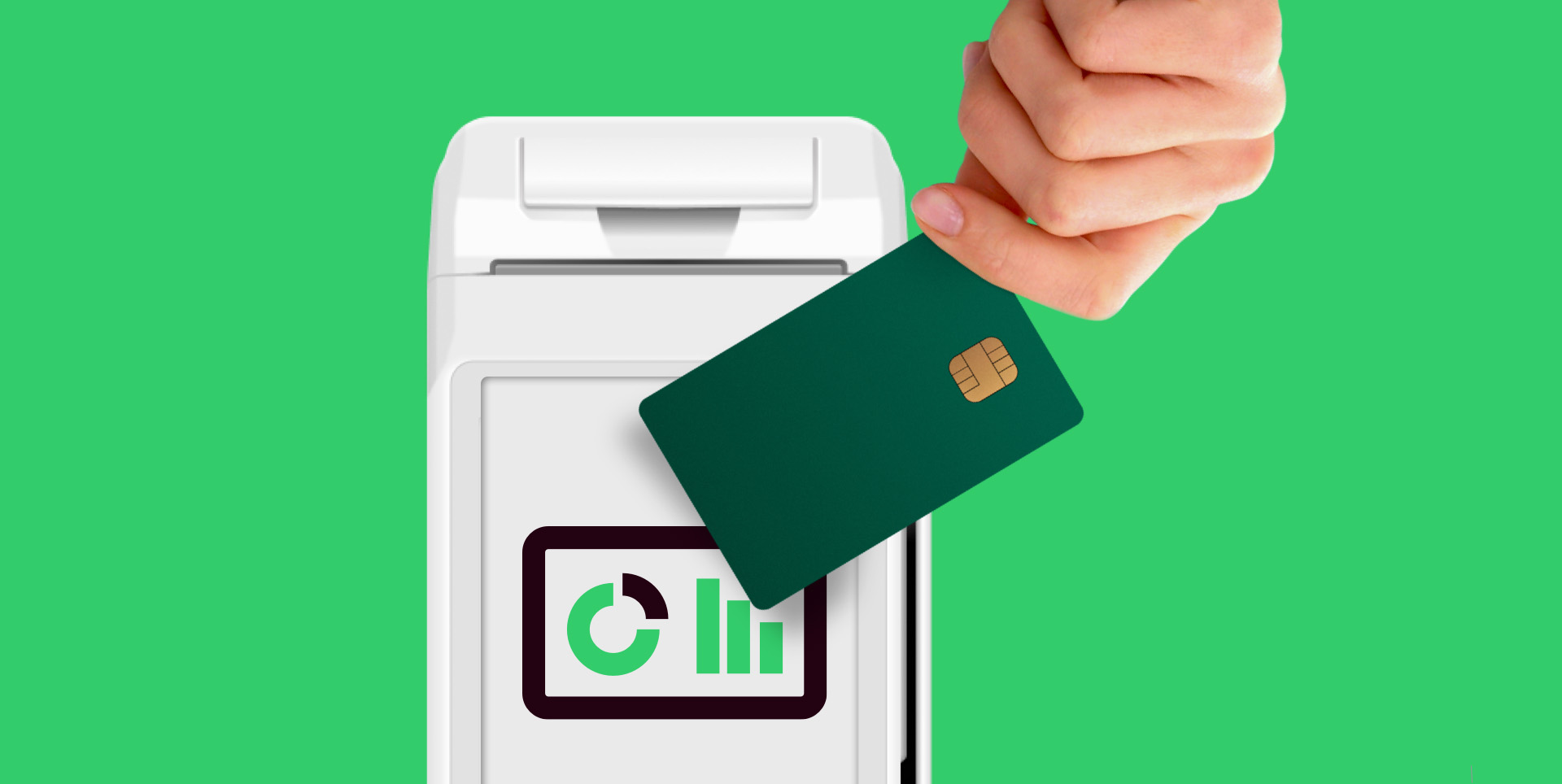 Tapping credit card on POS device with data graph | Levering merchant data