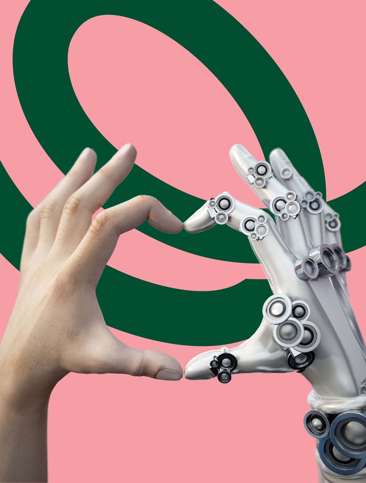 human hand, robot hand, heart, AI