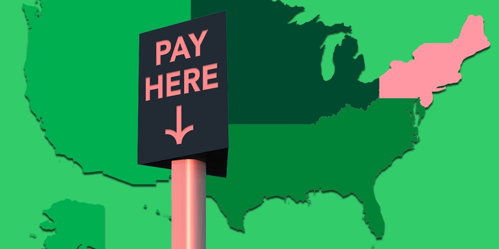 Map of the US showing Pay Here sign