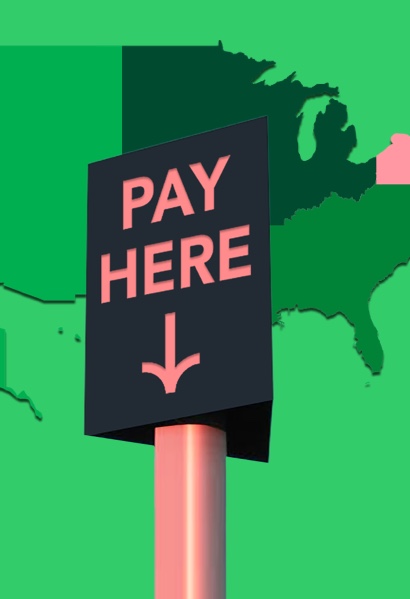 Map of the US showing Pay Here sign