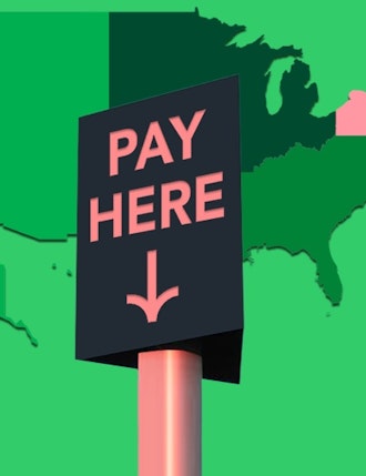 Map of the US showing Pay Here sign