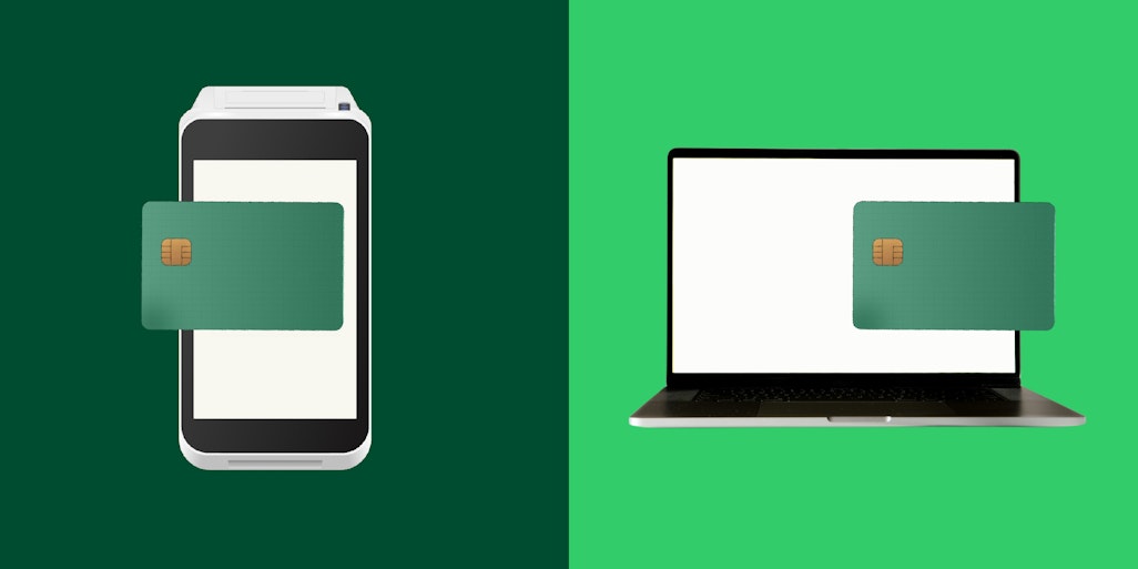 split screen showing card in front of payment device and card in front of computer