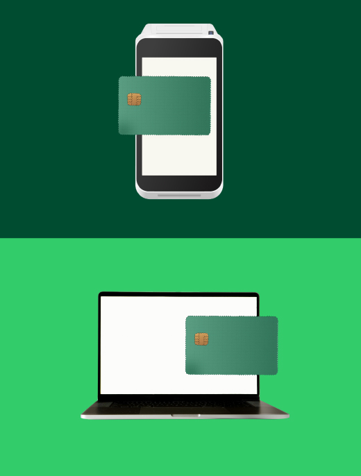 split screen showing card in front of payment device and card in front of computer