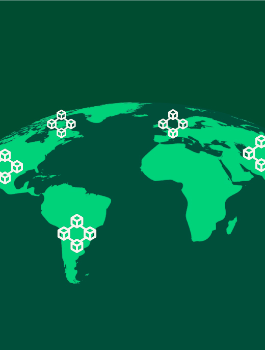 a globe with several blockchain icons on different continents