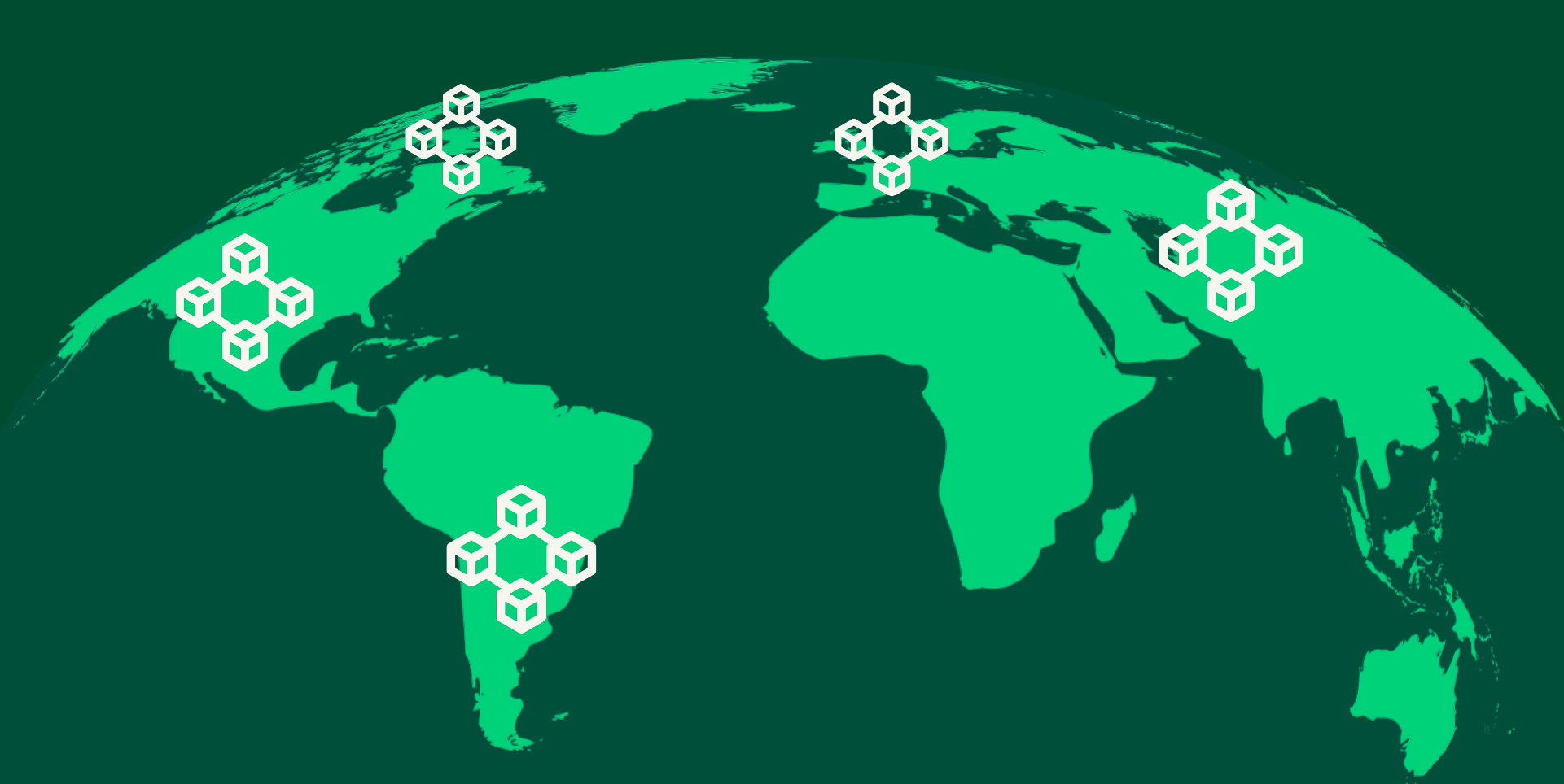 a globe with several blockchain icons on different continents