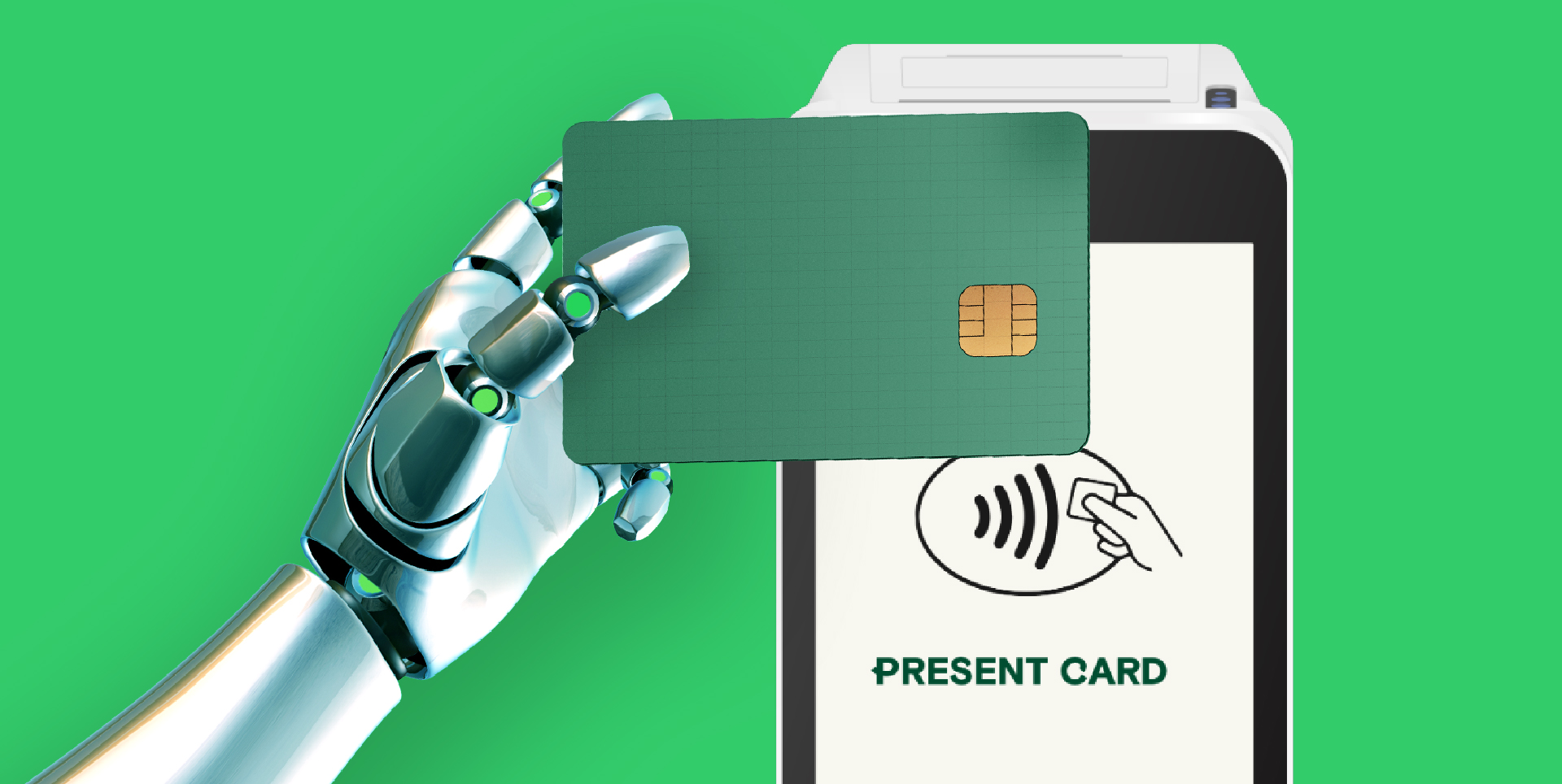 a robot hand holding a card over a payment device