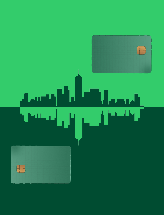 mirrored city skyline with payment cards