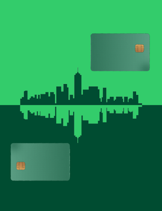 mirrored city skyline with payment cards
