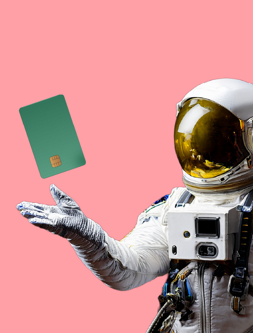 an astronaut holding a payment card