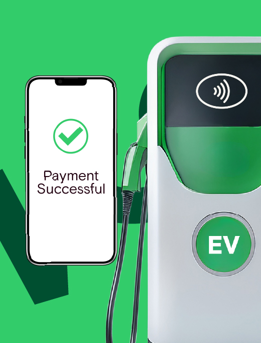 Phone showing successful payment next to an EV charger